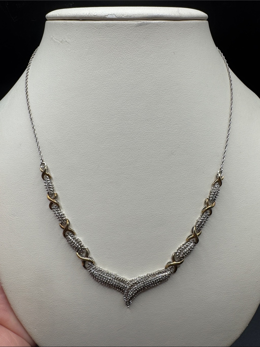Sterling Silver and Gold over lay Diamond V-Front Women's Necklace 17 inches